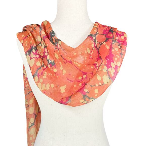 Exquisite Water Marbled Silk Chiffon Scarf in Orange Pink Gray Gold 12.25"x59.5" - Picture 1 of 6